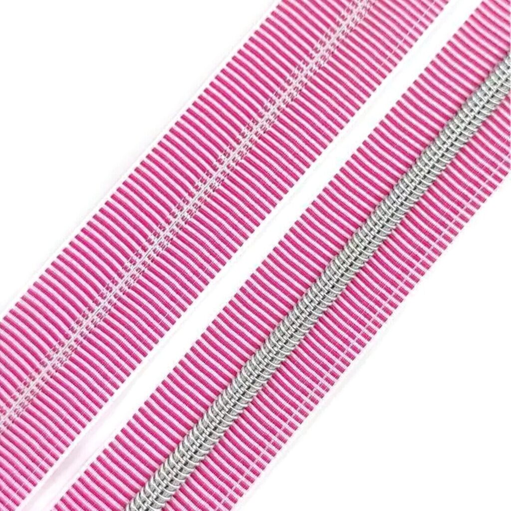 #5 Continuous Zipper - Reddy Pink & White Stripe (2 yds) - Silver Teeth ...